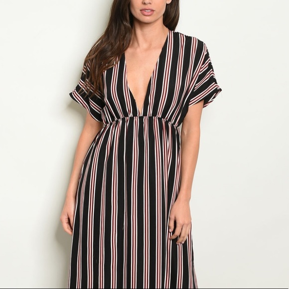 NEW Black and Red Striped Deep V Maxi Dress - Picture 2 of 8